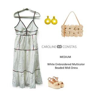 Caroline Constas White Cotton Blend Beaded Spaghetti Straps Midi Dress